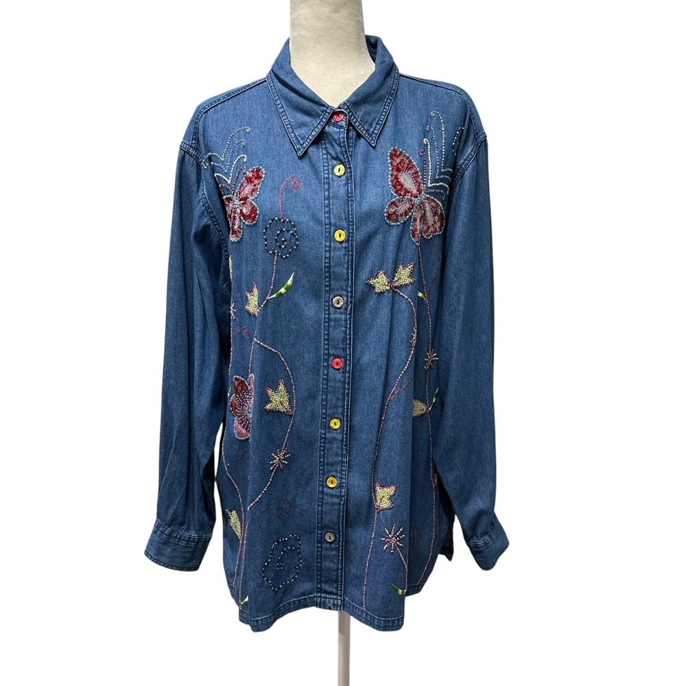 Quacker Factory Womens 1X Denim Button Up Shirt Butterfly Sequin Beaded Chambray